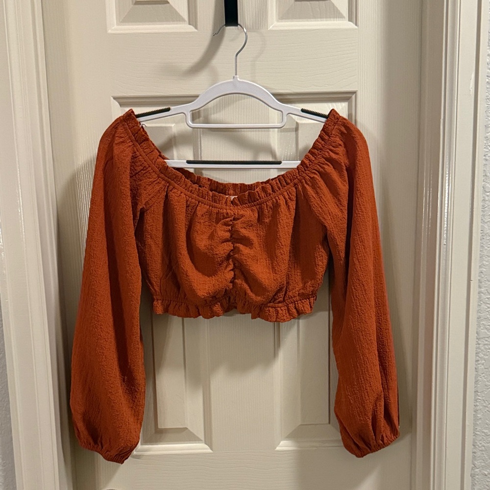 Le Lis, Worn Once, Burnt Orange Off-Shoulder Crop Top